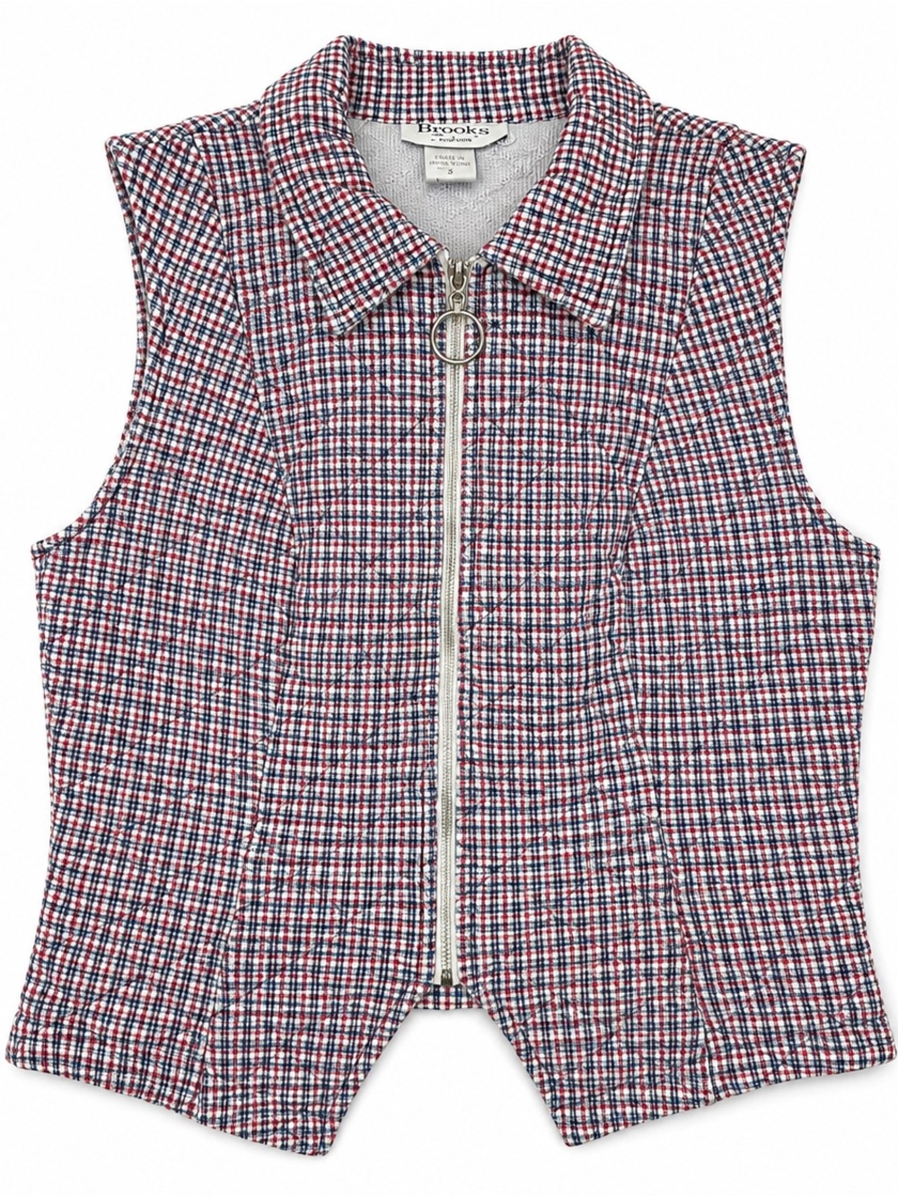 Vintage 90s Brooks Plaid Quilted Fitted Zip Vest Red Navy S